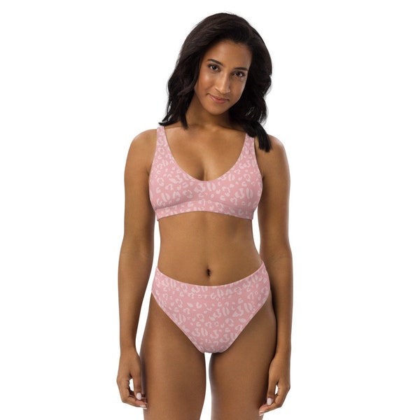 Recycled fabric | Pink high-waisted bikini | Athletic | Sporty swimsuit | Beach volleyball | Modest swimwear for women