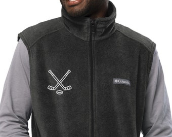 Men’s Columbia fleece vest | Hockey sticks and puck embroidery | Gift idea for player or coach | Hockey player vest