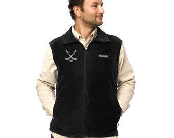 Men’s Columbia fleece vest | Hockey sticks and puck embroidery | Gift idea for player or coach | Hockey player vest