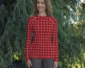 Red plaid Rash Guard | Women’s athletic rash guard top | Long sleeve layering