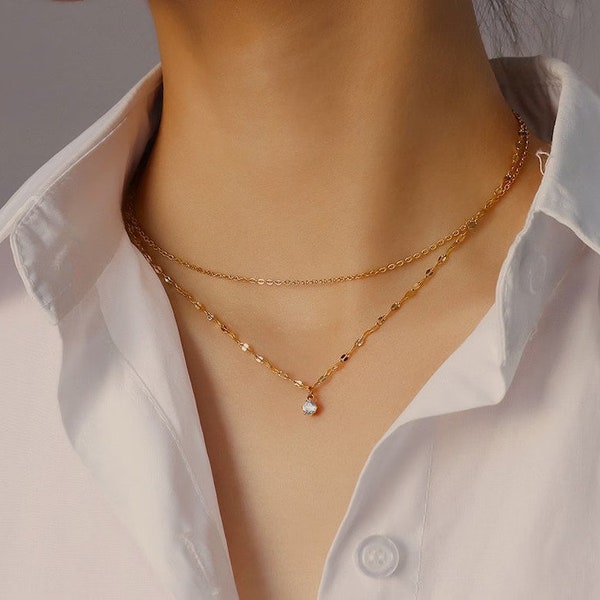 Dainty Coffee Bean Chain Two Row Gold Necklace | Combi Gold Chain 18K Gold Necklace with Single Gemstone | Modern Minimalist Gold Necklace