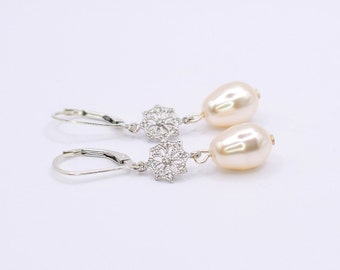Pearl And Crystal Filigree Drop Leverback Earrings, Bridal Jewellery, Drop Earrings, Jewellery Gift, Pearl Earrings, Bridesmaid Earrings