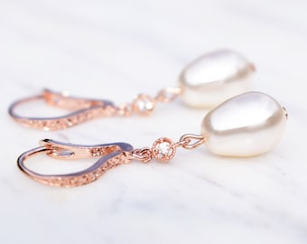 Cubic Zirconia And Pearl Lever back Earrings, Drop Earrings, Rose Gold Earrings, Gifts for Her, Bridal Jewellery, Mothers Day Gift