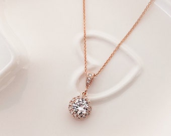 Rose Gold Plated Round Pave Pendant Necklace, Gifts for Her, Bridal Jewellery, Rose Gold Necklace, Pendant Necklace