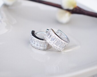 Baguette And Pave Cubic Zirconia Hoop Earrings, Bridal Jewellery, Art Deco Earrings, Anniversary Gift, Vintage Inspired Earrings