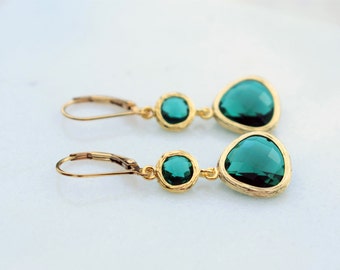 Green And Gold Long Droplet Leverback Earrings, Emerald Earrings, Jewellery Set, Art Deco Earrings, Green Earrings, Drop Earrings