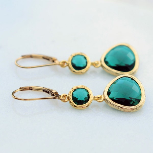 Green And Gold Long Droplet Leverback Earrings, Emerald Earrings, Jewellery Set, Art Deco Earrings, Green Earrings, Drop Earrings