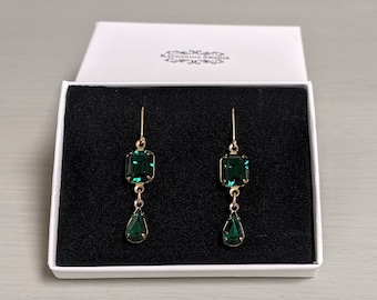 Emerald-Cut Crystal Droplet Leverback Earrings, Emerald Earrings, Emerald Drop Earrings, Vintage Earrings, Art Dec Earrings, Jewellery Set