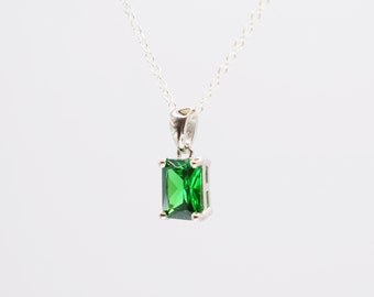 925 Silver Green Cubic Zirconia Necklace, Vintage Inspired Pendant Necklace, Emerald Necklace, Emerald Jewellery, Bridal Jewellery