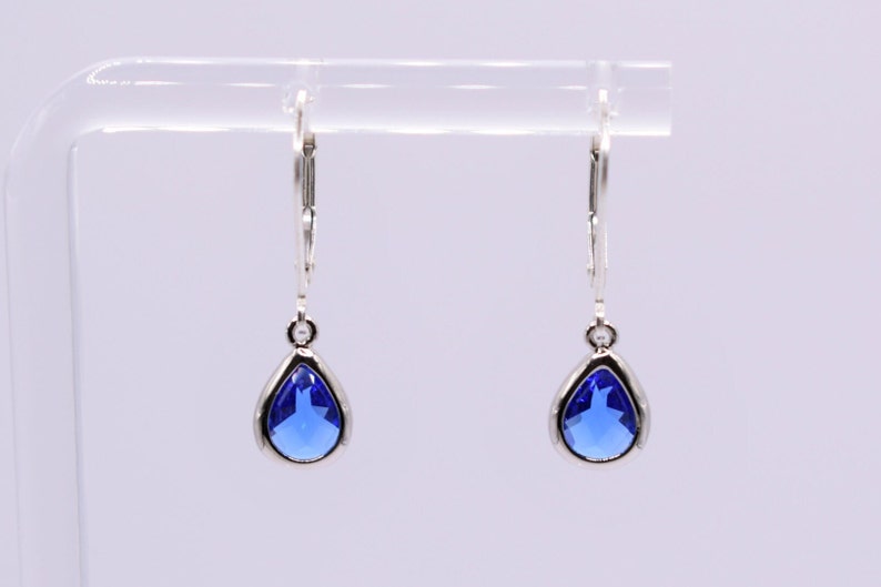 Silver and Sapphire Blue Teardrop Leverback Earrings, Sapphire Earrings, Vintage Earrings, Mother's Day Gift, Art Deco Earrings image 2