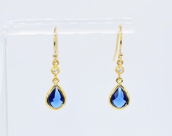 Sapphire Blue Long Teardrop Gold Plated Hook Earrings, Sapphire Earrings, Vintage Earrings, Art Deco Earrings, Drop Earrings