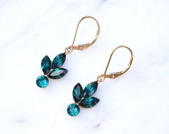 Yellow Gold And Emerald Green Cluster Earrings, Emerald Earrings, Vintage Earrings, Bridal Jewellery, Leverback Earrings, Drop Earrings