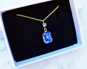 Sapphire Blue Vintage Crystal Gold Necklace, Vintage Necklace, Sapphire Necklace, Birthstone Jewellery, Jewellery Gift, Wedding Jewellery