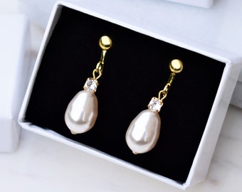 Rhinestone and Teardrop Pearl Clip On Earrings, Vintage Earrings, Bridal Jewellery, Pearl Clip on Earrings, Jewellery Gift, Gifts for Her