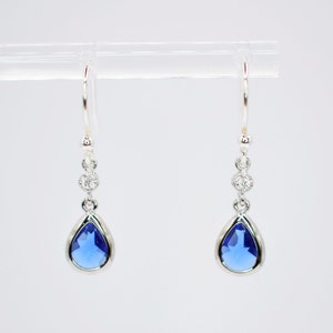 Sapphire Blue Long Teardrop Silver Plated Hook Earrings, Sapphire Earrings, Vintage Earrings, Art Deco Earrings, Drop Earrings