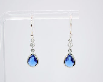 Sapphire Blue Long Teardrop Silver Plated Hook Earrings, Sapphire Earrings, Vintage Earrings, Art Deco Earrings, Drop Earrings