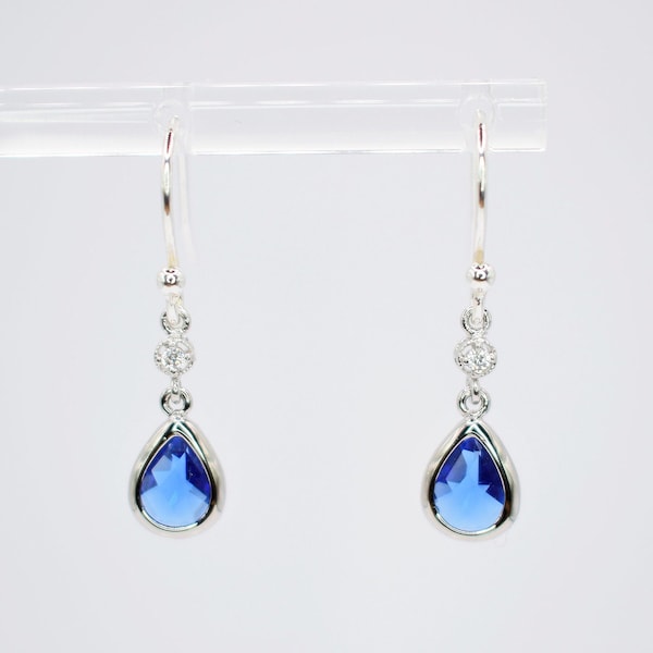 Sapphire Blue Long Teardrop Silver Plated Hook Earrings, Sapphire Earrings, Vintage Earrings, Art Deco Earrings, Drop Earrings