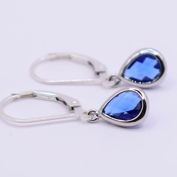 Silver and Sapphire Blue Teardrop Leverback Earrings, Sapphire Earrings, Vintage Earrings, Mother's Day Gift, Art Deco Earrings