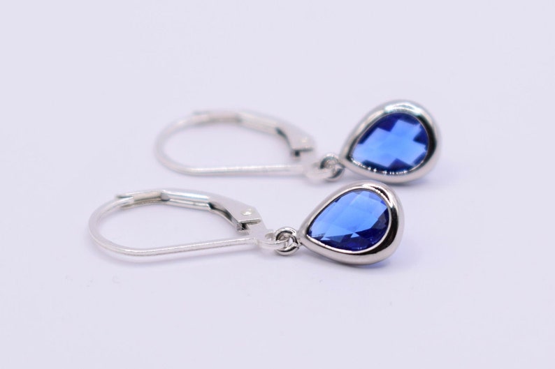 Silver and Sapphire Blue Teardrop Leverback Earrings, Sapphire Earrings, Vintage Earrings, Mother's Day Gift, Art Deco Earrings image 1