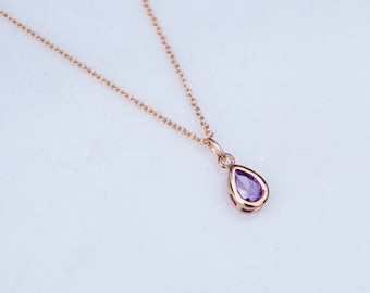 Rose Gold and Amethyst Teardrop Birthstone Necklace, Pendant Necklace, Rose Gold Necklace, Bridal Jewellery, February Birthstone