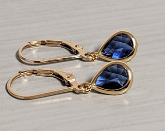 Gold And Sapphire Blue Teardrop Leverback Earrings, Sapphire Earrings, Vintage Earrings, Mother's Day Gift, Art Deco Earrings, Drop Earrings
