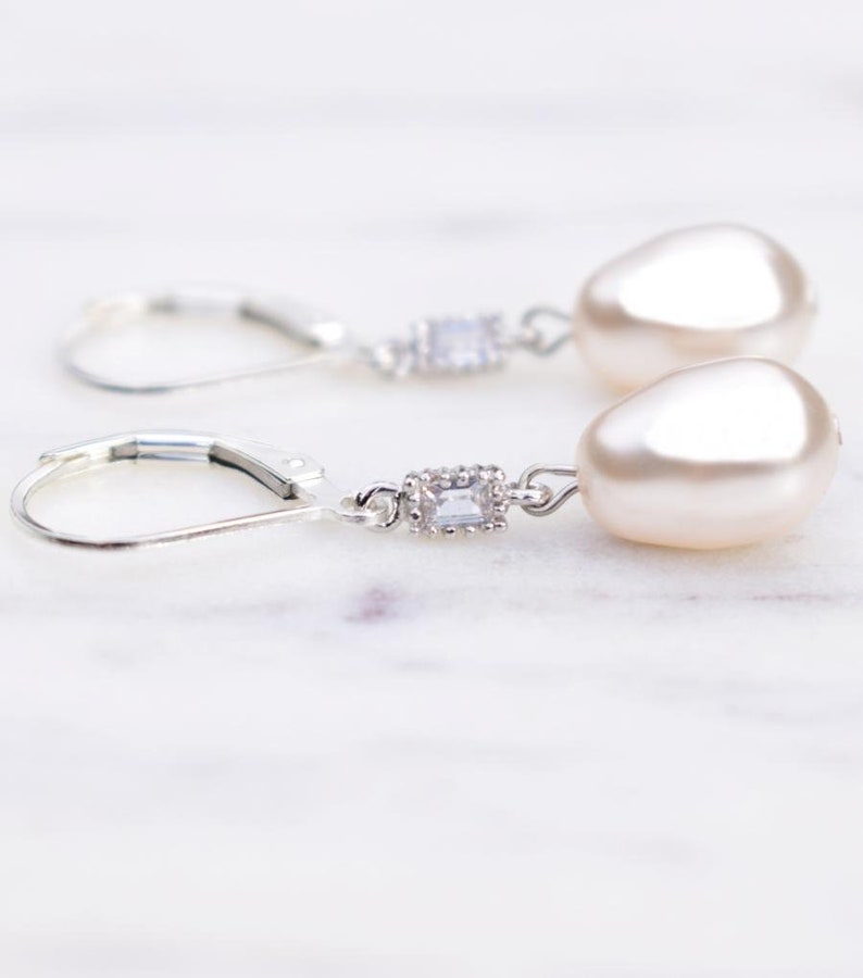 Deco Inspired Pearl Drop Earrings, Vintage Inspired Earrings, Art Deco Earrings, Bridal Jewellery, Gifts for Her, Lever back Earrings image 1