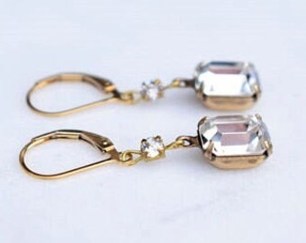 Clear Crystal Leverback Earrings, Crystal Earrings, Vintage Earrings, Gold Earrings, Jewellery Gift, Leverback Earrings, Drop Earrings
