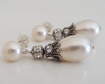 Rhinestone Embellished Pearl Drop Earrings, Bridal Jewellery, Birthday Gift, Jewellery Gift, Silver Pearl Earrings, Dangle and Drop Earrings