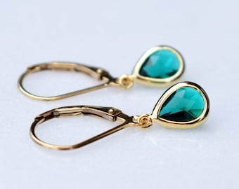 Gold And Emerald Green Teardrop Lever back Earrings, Emerald Earrings, Vintage Earrings, Bridal Earrings, Art Deco Earrings, Drop Earrings