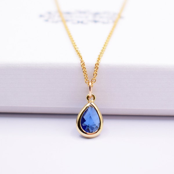 Sapphire Blue and Gold Teardrop Pendant Necklace, Sapphire Necklace, Vintage Necklace, Bridal Necklace, Art Deco Necklace, Anniversary Gift