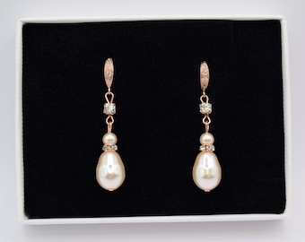 Rose Gold Long Teardrop Pearl Earrings, Bridal Jewellery, Wedding Jewellery, Pearl Earrings, Gift for Wife, Jewellery Set