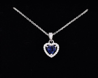 Sapphire Blue and Silver Heart Necklace with Embellished Pendant, Heart Necklace, Sapphire Necklace, Anniversary Gift, Jewellery Set