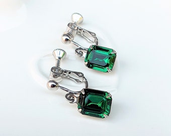 Emerald Green and Silver Clip On Earrings, Emerald Vintage Inspired Earrings, Green and Silver Earrings, Gifts for Her, Bridal Jewellery