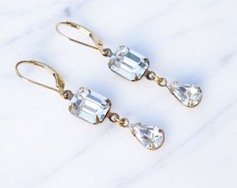 Emerald-Cut Crystal Droplet Lever back Earrings, Clear Crystal Earrings, Crystal Drop Earrings, Wedding Jewellery, Art Deco Earrings