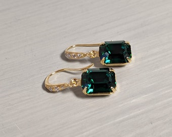 Emerald Green and Gold Cubic Zirconia Fishhook Earrings, Emerald Earrings, Bridal Earrings, Dangle and Drop Earrings, Art Deco Earrings