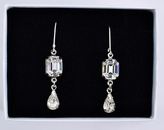 Emerald-Cut Crystal Droplet Lever back Earrings, Clear Crystal Silver Earrings, Crystal Drop Earrings, Wedding Jewellery, Art Deco Earrings