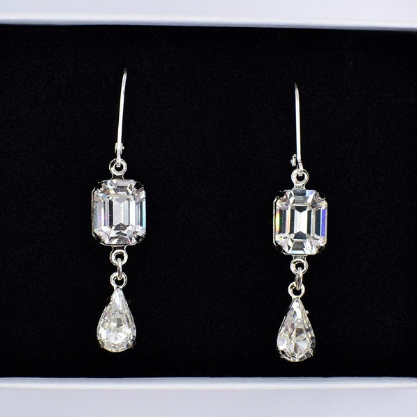 Emerald-Cut Crystal Droplet Lever back Earrings, Clear Crystal Silver Earrings, Crystal Drop Earrings, Wedding Jewellery, Art Deco Earrings