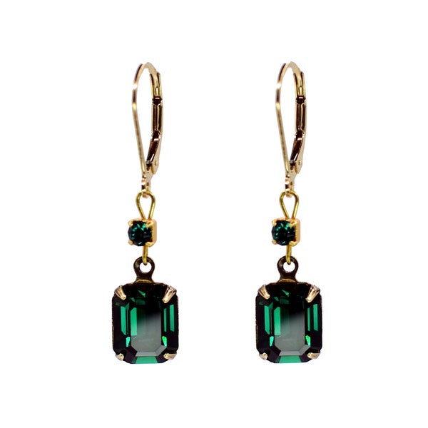 Emerald Green and Gold Earrings, Emerald Earrings, Vintage Earrings, Anniversary Gift, Jewellery Set, Lever back Earrings, Drop Earrings