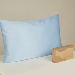 Puede incluir: Una funda de almohada azul claro con una caja marrón que dice "Sleep Boutique".