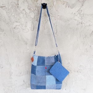 Upcycled Denim Patch Tote Bag, Soft Sling Bag, with Free Zipper Pouch, Fully Lined, Inside Pocket, Adjustable Strap