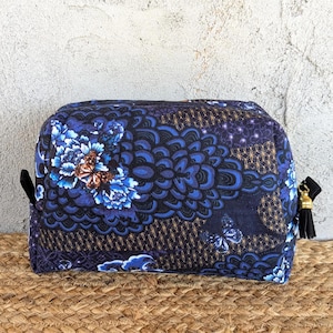 Asian Inspired Blue and Gold Zippered Cosmetic Bag/Makeup Bag/Travel Bag/Toiletry Bag, Fully Lined