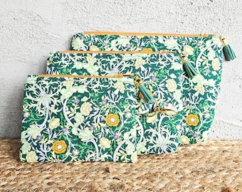 Liberty Floral in Green & Goldenrod Zippered Pouch/Coin Purse, 3 Sizes, Fully Lined