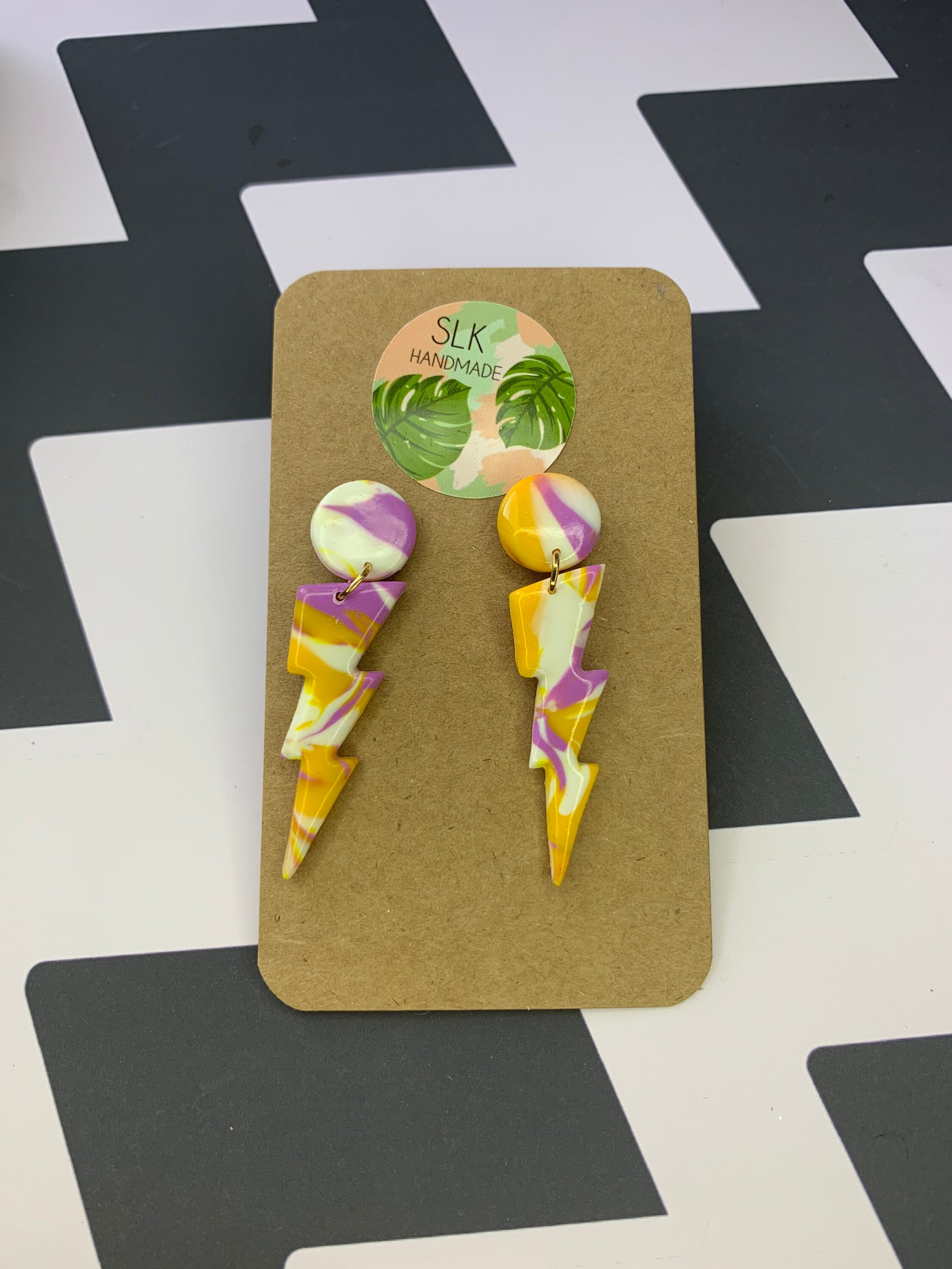 Handmade polymer clay lightning bolt earrings in purple yellow Etsy