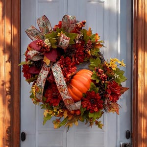 Handcrafted Fall Pumpkin Grapevine Wreath | Autumn Floral Décor | 20x16 Orange & Yellow Harvest Wreath for Front Door