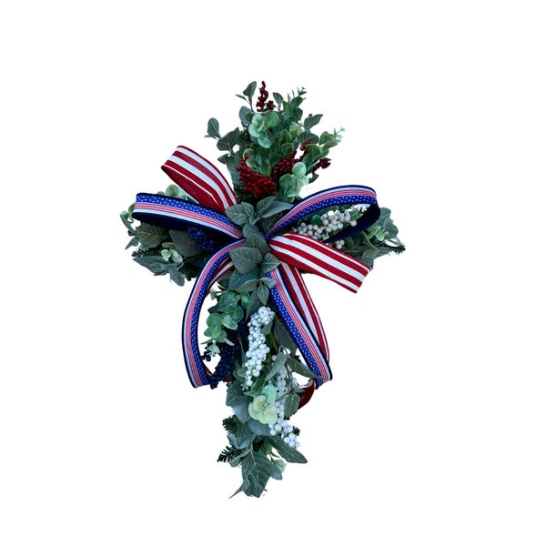 Patriotic Red, White, & Blue Cemetery Cross Grave Marker, Ideal for Veterans Day, Memorial Day, Military Honors