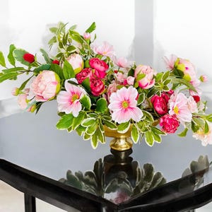 Luxury Faux Floral Centerpiece in Gold Compote | Pink Peonies & Cosmos Arrangement for Elegant Wedding or Upscale Home Decor
