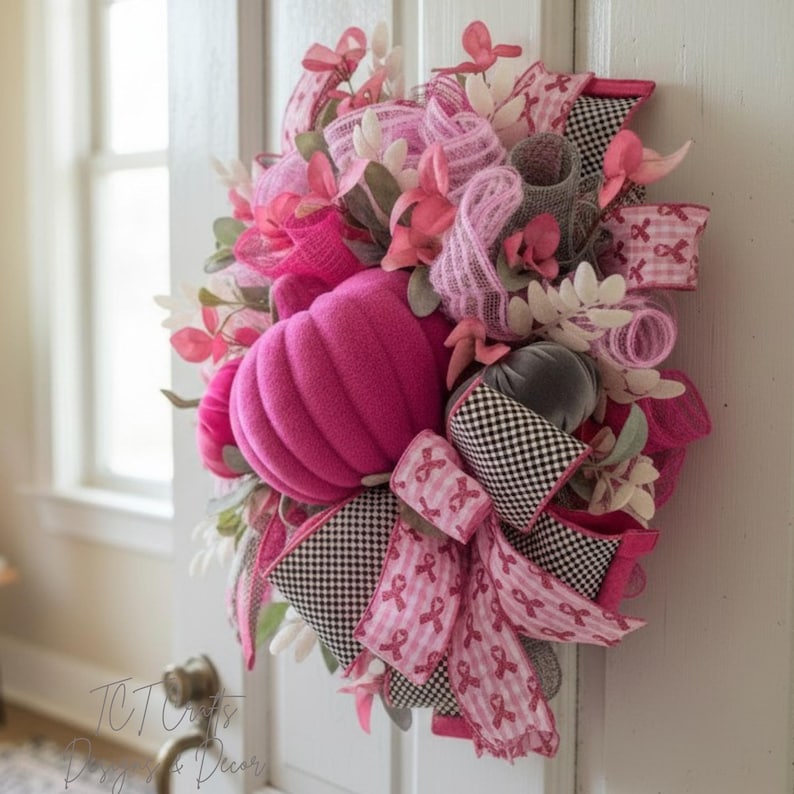 May include: A decorative wreath featuring a large, plush pink pumpkin as its centerpiece. The wreath is adorned with pink and white flowers, ribbons, and mesh, with accents of black and white checkered ribbon and pink ribbon with breast cancer awareness symbols.