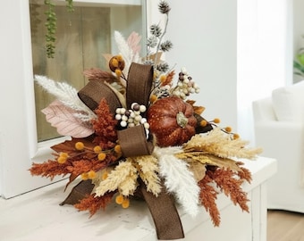 Neutral Boho Fall Floral Arrangement with Rustic Pumpkin, Small Autumn Table Centerpiece by TCT Crafts