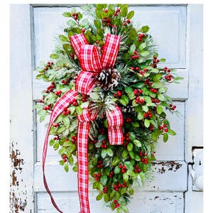 Grand Holiday Teardrop Swag – 31&quot; Flocked Pine & Glitter Holly with Red Plaid Ribbon, Pinecones and Berries for Christmas Door Decor