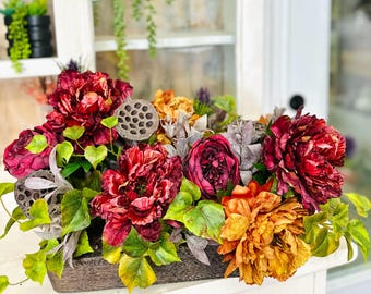 Fall Peony & Rose Centerpiece in Rustic Dough Bowl | Artificial Autumn Floral Arrangement with Lotus Pods and Ivy